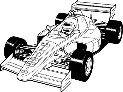 A low open-wheel race car with dark tires and a driver is drawn from a front angle.