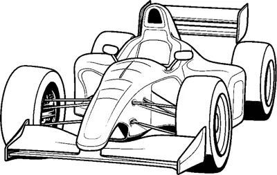 A modern open-wheel race car with a wide front wing is drawn from a low front angle.