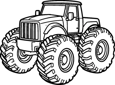 A monster truck with a small cab sits high above four enormous tyres with chunky treads.