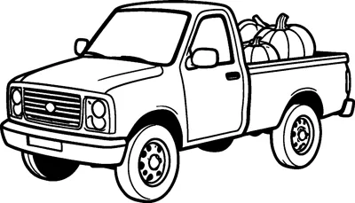 A pickup truck seen from the front corner with a pile of pumpkins stacked in its open bed.