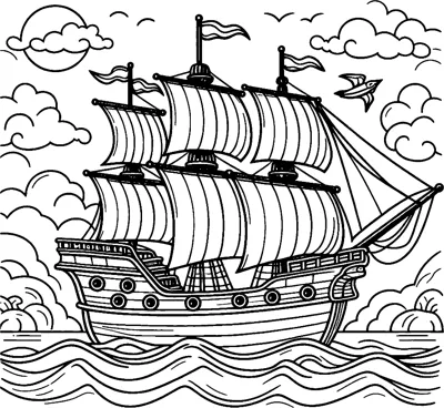 A two-masted sailing ship with flags rides rolling waves under a cloudy sky with a bird.