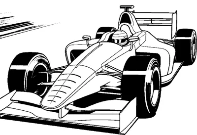 An open-wheel race car with dark tires blurs past with speed streaks behind it.