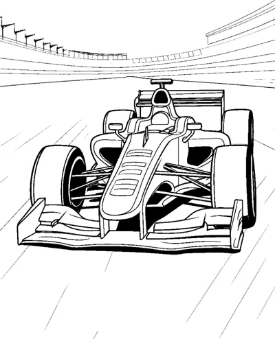 An open-wheel race car drives along a track with a grandstand and fencing in the background.