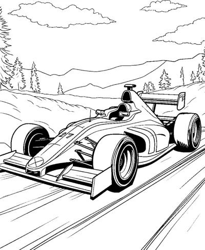 An open-wheel race car speeds along a road with mountains, trees and clouds in the background.