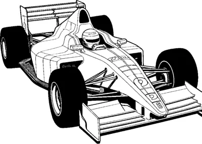 An open-wheel race car with solid black tires and a driver leans forward at a front angle.