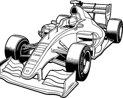 An open-wheel race car with a helmeted driver and wide front and rear wings is drawn at an angle.
