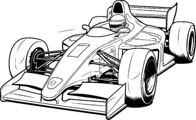 An open-wheel race car with a helmeted driver races toward the viewer at a slight angle.