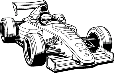 An open-wheel race car with exposed suspension arms and dark tires is drawn at a front angle.