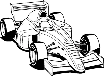 An open-wheel race car with grooved tires and a tall rear wing is drawn at a front angle.