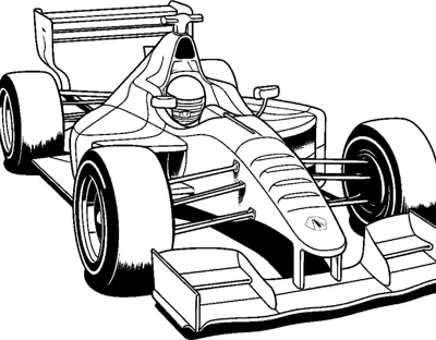 An open-wheel race car with heavily shaded black tires and a driver is drawn at a front angle.