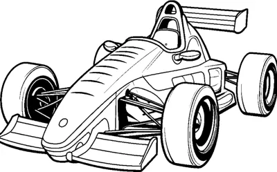 An open-wheel race car with a long nose and side mirrors is drawn at a three-quarter angle.