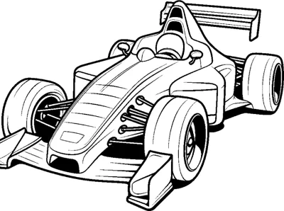 An open-wheel race car with a pointed nose and visible suspension is drawn at a front angle.