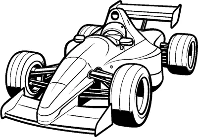 An open-wheel race car with a sharp nose and dark wheels is drawn at a three-quarter angle.