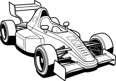 An open-wheel race car with side mirrors and a driver is drawn from a front angle.