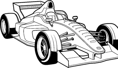 An open-wheel race car with wide side pods and a rear wing is drawn from a front angle.