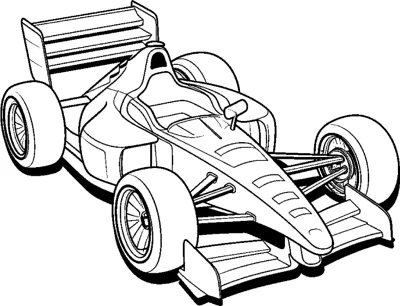 An open-wheel race car with spoked wheels and a rear wing is drawn at a front angle.