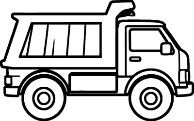 A side view of a simple dump truck with a tipping bed, a small cab and two big wheels.