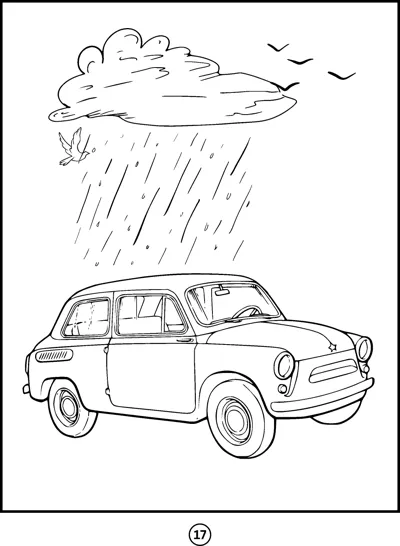 A small rounded car sits under a rain cloud pouring rain with birds flying nearby.