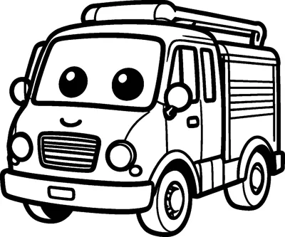 A cute fire truck with two big round eyes and a small smile on its windscreen, seen from the front corner.