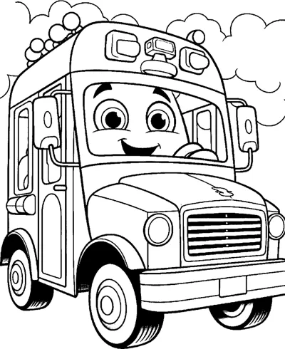 A cartoon school bus with a smiling face on its windshield sits under a cloudy sky.