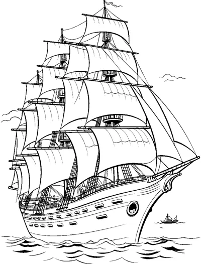 A tall ship with many full sails sails across choppy waves under a cloudy sky.