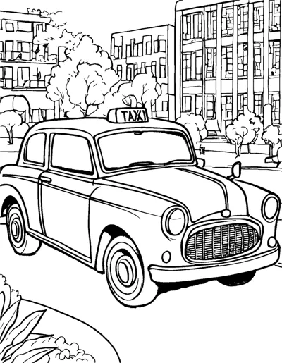 A rounded taxi cab with a roof sign is parked in front of city buildings and trees.