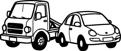 A small tow truck with a boom pulls a little rounded car along behind it.