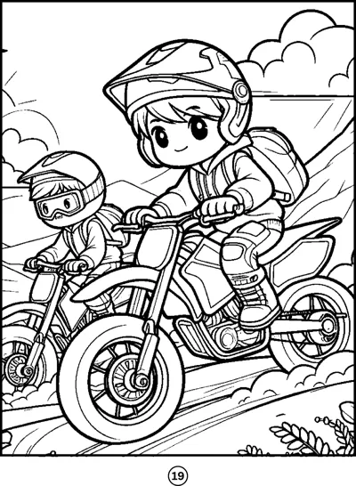 Two helmeted riders race dirt bikes along a trail with hills and clouds behind them.