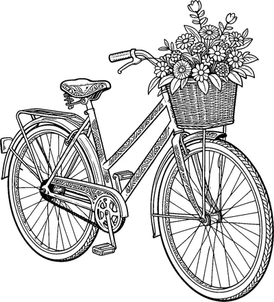 A step-through vintage bicycle with a patterned frame, rear rack and a wicker basket full of flowers on the front.