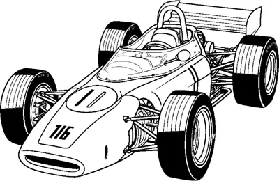 A vintage open-wheel race car with the number 116 on its nose and a driver is drawn at an angle.
