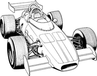 A vintage open-wheel race car with grooved tires and a rounded body is drawn at an angle.