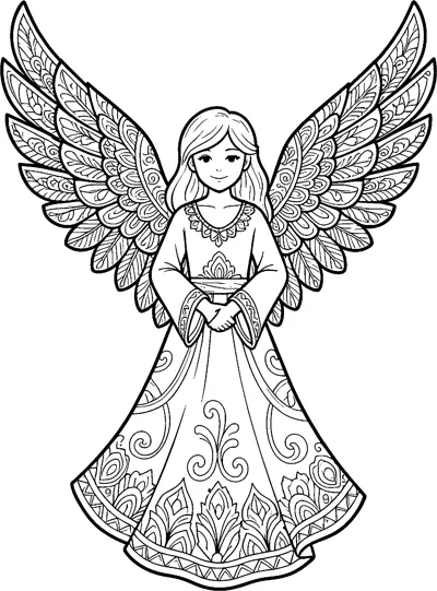 A smiling angel in a long patterned gown stands with hands clasped and large feathered wings spread wide.