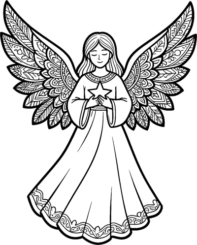 A serene angel with long hair and feather-patterned wings holding a star against her flowing gown.