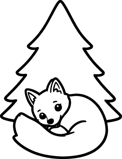 A cute baby fox with pointed ears lies curled up with its bushy tail wrapped around it under a Christmas tree.
