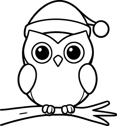 A cute baby owl with big round eyes wears a Santa hat with a pompom while perching on a branch.