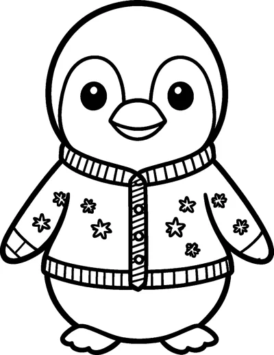 A cute baby penguin wearing a buttoned Christmas jumper decorated with stars and snowflakes.