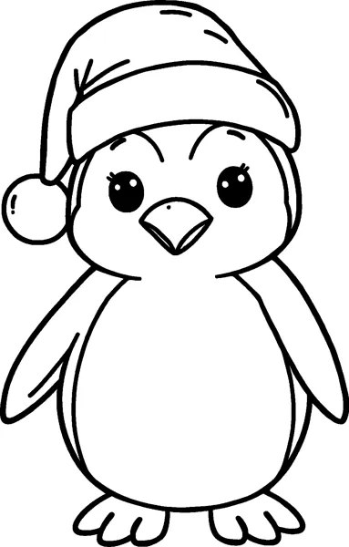 A wide-eyed baby penguin standing upright and wearing a floppy Santa hat with a pom-pom.