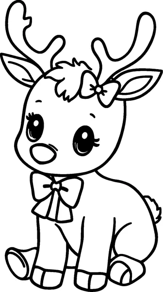 A sitting baby reindeer with big eyes, small antlers, a bow on its head and a bow at its neck.