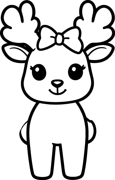 A cute baby reindeer with soft rounded antlers, big eyes with eyelashes and a bow between its ears.