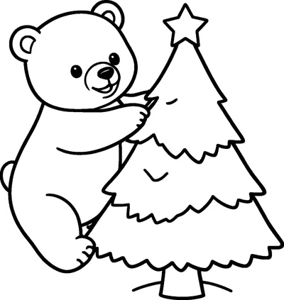 A smiling bear cub hugging the top of a small Christmas tree that has a star on its tip.