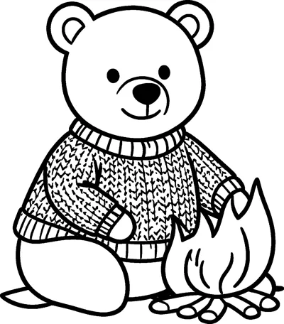 A friendly bear wearing a chunky knitted jumper sits on the ground beside a small crackling log fire.