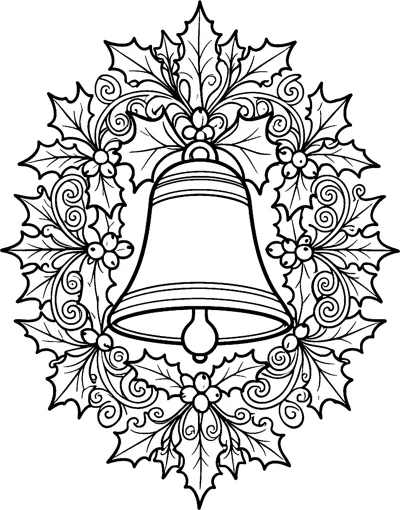 A large bell with a round clapper surrounded by an oval border of holly leaves, berries and curling swirls.