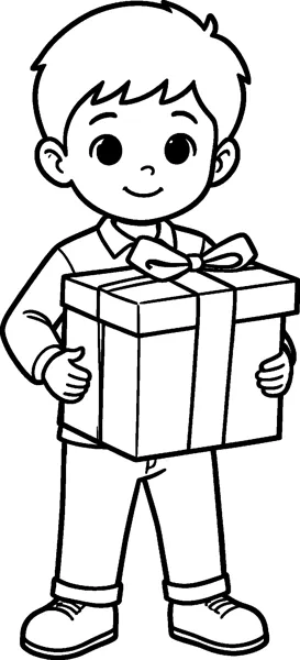 A smiling boy standing and holding a large wrapped present with a ribbon and bow in front of his chest.