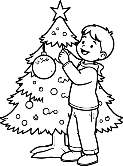 A smiling boy reaches up to hang a big round bauble on a star-topped Christmas tree.