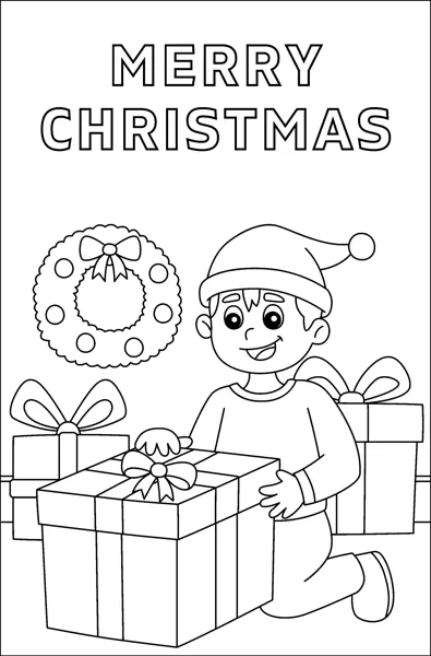 A kneeling boy in a Santa hat opens a large gift beside a wreath and presents, under Merry Christmas.