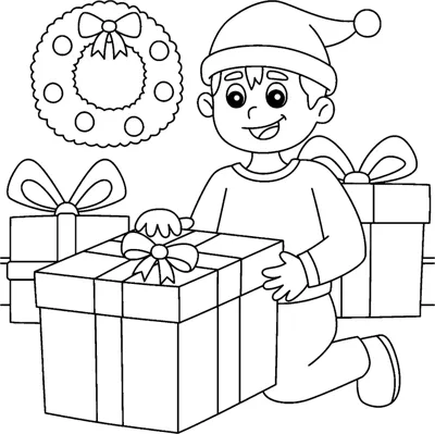 A kneeling boy in a Santa hat opens a large gift beside a wreath and presents, under Merry Christmas.
