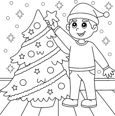 A boy in a Santa hat puts a star on a decorated Christmas tree under the words Merry Christmas.