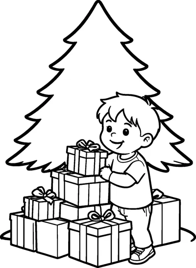 A smiling boy places a wrapped box on top of a pile of presents sitting under a tall, plain Christmas tree.