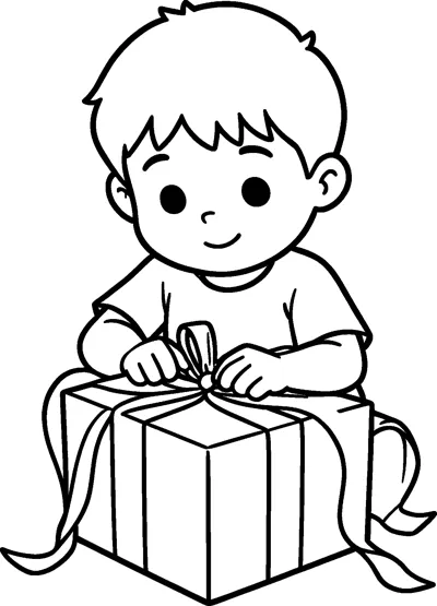 A boy kneels behind a large striped present, tying a ribbon bow on top while loose ribbon ends curl across the floor.