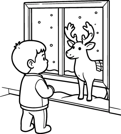 A little boy stands indoors gazing through a snowy window at a smiling reindeer standing outside in the falling snow.